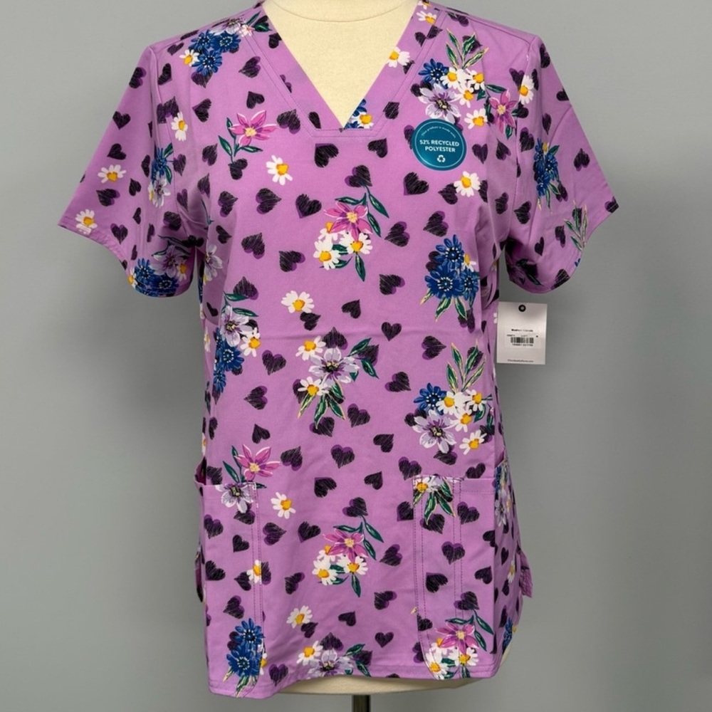 NWOT Cherokee Scrub Top S Purple Spring Flowers & Hearts Scrubs Medical Uniform